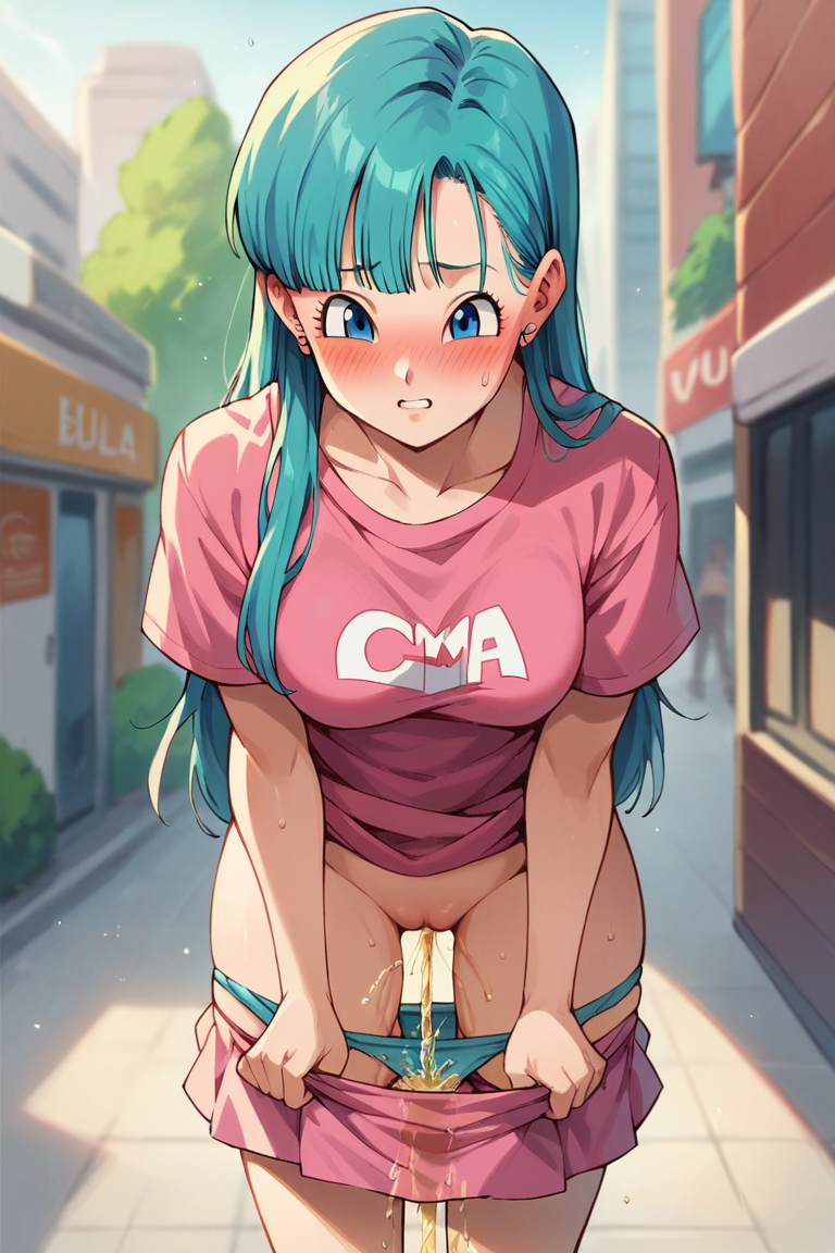 ai_generated blue_eyes blue_hair румянец bulma bulma_brief Dragon_ball средняя_грудь моча мочится розовая_одежда стягивает_трусики_вниз киска киска_капающая юбка_вниз